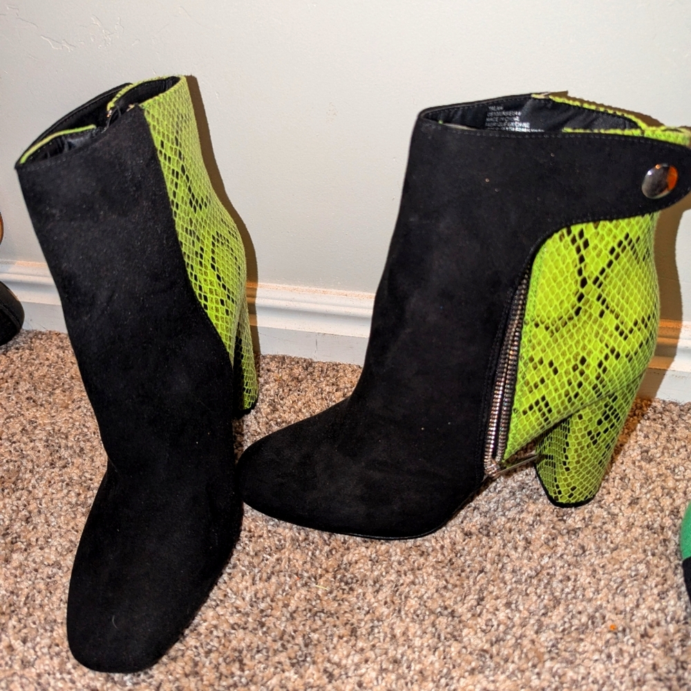 Black velvet green snake skin booties
